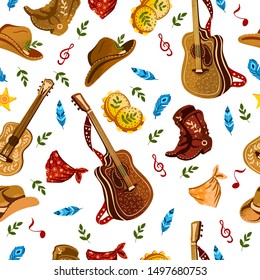 Vector hand drawn seamless pattern “Country Music” with a cowboy hat, guitar, bandana, boots, tambourine and stars. For music festival banners,wrapping, advertisements. 