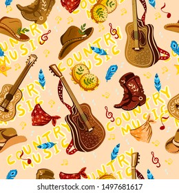 Vector hand drawn seamless pattern “Country Music” with a cowboy hat, guitar, bandana, boots, tambourine and stars. For music festival banners,wrapping, advertisements. 