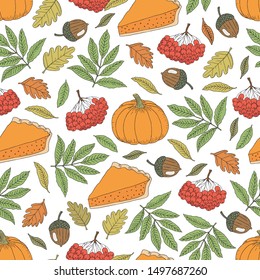 Vector hand drawn seamless pattern with colorful autumn leaves, acorns, rowanberries, pumpkins on an orange background