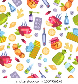Vector hand drawn seamless pattern flu and virus concept with natural illness treatment elements. With honey, tea, lemon, orange, napkins, thermometer, warmer, nasal drops, pills, ginger and vaccine.