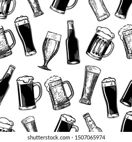 Vector hand drawn seamless pattern of bottles and  glasses of beers in the engraving style on white background.