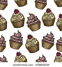 Vector hand drawn seamless pattern of colorful cupcakes in the engraving style isolated on white.