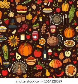 Vector hand drawn seamless pattern of Thanksgiving with pumpkin, turkey, pie, corn and etc. Holiday background for textiles, banner, wrapping paper and other designs.