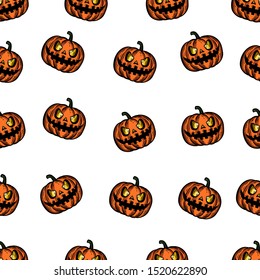 Vector hand drawn seamless pattern of halloween pumpkin on white background.
