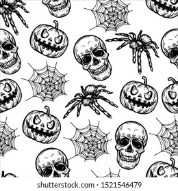 Vector hand drawn seamless pattern of Halloween pumpkin, skull, spiderweb and spider in the engraving style isolated on white background.