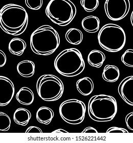 Vector hand drawn seamless pattern with scribble circles isolated on black background.Scrapbook elements doodle style. For gift wrapping,textile,blog,banner,poster,website,wallpapers 