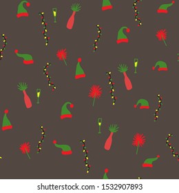 Vector hand drawn seamless pattern with celebration New Year. Endless print with objects for Christmas party
