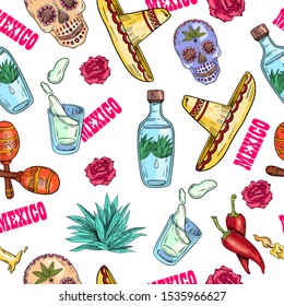 Vector hand drawn seamless pattern “Mexico” with skulls, roses, tequila bottles, sombrero, pepper, maracas on white background. 