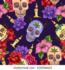 Vector hand drawn seamless pattern with skulls, roses, candles on black background. 