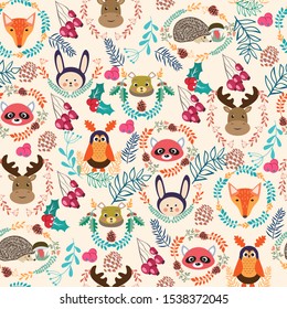 Vector Hand drawn Seamless pattern winter holiday with cute cartoon forest animals and plants for baby shower and kids design.