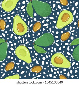 Vector hand drawn seamless pattern with colorful avocado on dark blue background with white spots and splash. Whole fruits with leaves, half and seeds. Healthy food backdrop.