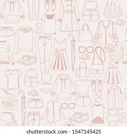 Vector hand drawn seamless pattern with Women fashion clothes and accessories doodle background. Perfect for card, posters, banners, textile prints, cover, web design.  