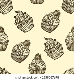 Vector hand drawn seamless pattern of cupcakes in the engraving vintage style.