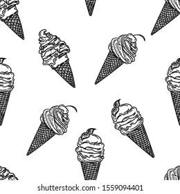 Vector hand drawn seamless pattern of ice creams on white background.