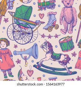 Vector hand drawn seamless pattern with set of pastel colors vintage toys. Collection of children toys,doll, baby carriage, train,drum, teddy bear, wooden horse,stick horse, christmas toys.