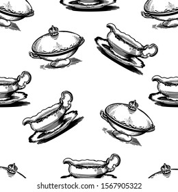Vector hand drawn seamless pattern of retro tableware,
service in the engraving sketch style.