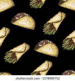 Vector hand drawn seamless pattern of fast food, gyros and taco on black background.