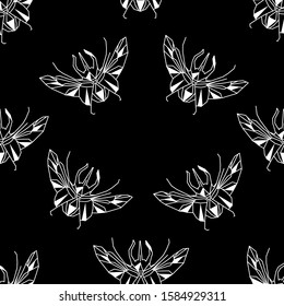 Vector hand drawn seamless pattern of abstract mosquito on black background.
In minimalism art style.
