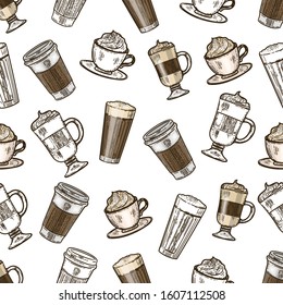 Vector hand drawn seamless pattern of coffee.Latte, cappuccino, frappe, espresso americano and americano in cup for take away in the engraving vintage style isolated on white background.