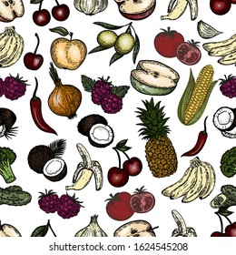 Vector hand drawn seamless pattern of fruits and vegetables on white background.