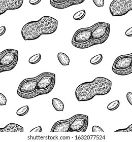 Vector hand drawn seamless pattern of peanuts in the engraving style.