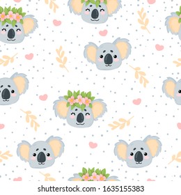 Vector hand drawn seamless pattern with cute koala bear face in cartoons style on white background with dots and leaves. Repeated background with funny koala face. Best for textile and print design. 