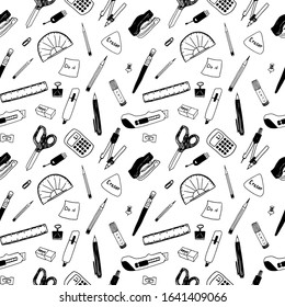 Vector hand drawn, seamless pattern school stationery items. Black on white background. Plants succulents, pens, pencils, brushes, stapler. Doodle style. Vector art.