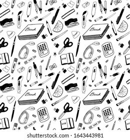 Vector hand drawn, seamless pattern school stationery items. Black on white background. Plants succulents, pens, pencils, brushes, stapler. Doodle style. Vector art.