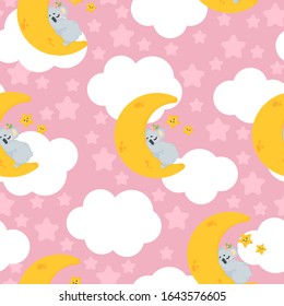 Vector hand drawn seamless pattern with cute koala bear sleeping on the moon in cartoons style on pink background with stars and clouds.  