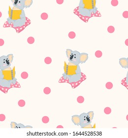 Vector hand drawn seamless pattern with cute koala bear reading the books in cartoons style on begie background with pink dots. Best for textile and print design. 