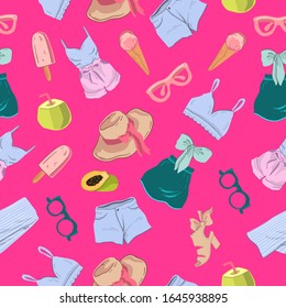 Vector hand drawn seamless pattern with summer clothes and fruit. Hat, sunglasses, briefs, coconut, bra, bikini on pink background. Fashion texture for apparel, wrapping paper, linen, prints, foliage