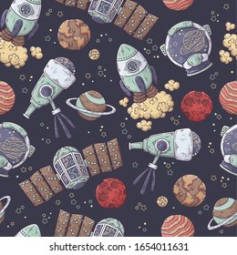 Vector hand drawn seamless pattern of spaceships and planets. Space elements collection. Each object can be changed and moved for your design.
