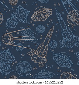 Vector hand drawn seamless pattern of spaceships and planets. Space elements collection. Each object can be changed and moved for your design.