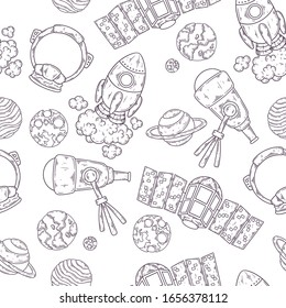 Vector hand drawn seamless pattern of spaceships and planets. Space elements collection. Each object can be changed and moved for your design.