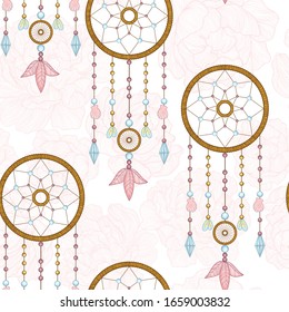 Vector hand drawn seamless pattern with dream catcher and feathers. Tribal background with hand drawn boho style elements feathers and dreamcatchers. Best for wrapping, textile or print design