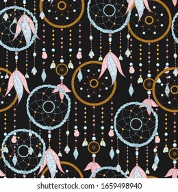 Vector hand drawn seamless pattern with dream catcher and feathers. Tribal background with hand drawn boho style elements feathers and dreamcatchers. Best for wrapping, textile or print design