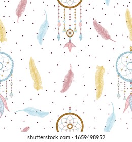 Vector hand drawn seamless pattern with dream catcher and feathers. Tribal background with hand drawn boho style elements feathers and dreamcatchers. Best for wrapping, textile or print design
