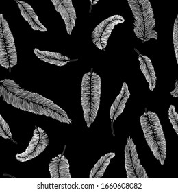 Vector hand drawn seamless pattern with birds fethers silhouette. Ethnic design, boho chic, tribal symbol. Good fabric, textile, wallpaper