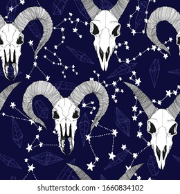 Image vectorielle motif harmonieux dessiné à la main avec astrologie magique, Alchimie, spiritualité et symbole d'occultisme.  Dans le style d'esquisse avec illustration crâne de chèvre. Idéal pour le conditionnement, le papier peint ou la conception d'impression.