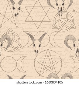 Vector hand drawn seamless pattern with magical astrology, Alchemy, spirituality and occultism symbol.  In sketch style with goat skull illustration. Best for wrapping, wallpaper or print design.