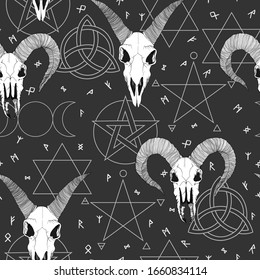 Vector hand drawn seamless pattern with magical astrology, Alchemy, spirituality and occultism symbol.  In sketch style with goat skull illustration. Best for wrapping, wallpaper or textile design.