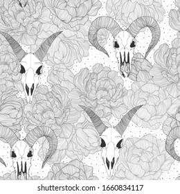 Vector hand drawn seamless pattern with magical astrology, Alchemy, spirituality and occultism symbol.  In sketch style with goat skull illustration. Best for wrapping, wallpaper or print design.