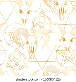 Vector hand drawn seamless pattern with magical astrology, Alchemy, spirituality and occultism symbol.  In sketch style with goat skull illustration. Best for wrapping, wallpaper or textile design.