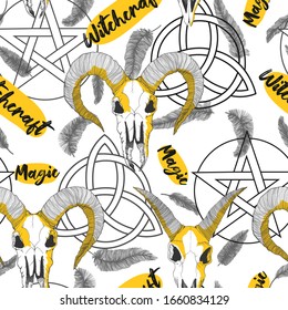 Vector hand drawn seamless pattern with magical astrology, Alchemy, spirituality and occultism symbol.  In sketch style with goat skull illustration. Best for wrapping, wallpaper or print design.