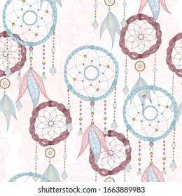 Vector hand drawn seamless pattern with dream catcher and feathers. Tribal background with hand drawn boho style elements feathers and dreamcatchers. Best for wrapping, textile or print design