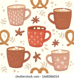 Vector hand drawn seamless pattern with a cups of cocoa, coffee, marshmallows and pretzels. The background is made of ornamental decorative elements and star anise. Coffee break, poster, card, comfort