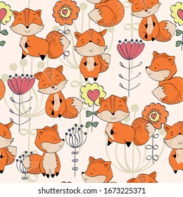 Vector hand drawn seamless pattern. Cute cartoon fox with flowers.