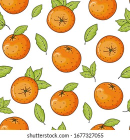 Vector hand drawn seamless pattern with oranges and leaves. Graphic texture for package, wrapping paper, card, gift, fabric, wallpaper.