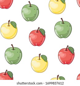 Vector hand drawn seamless pattern with fresh red, green and yellow apple fruits isolated on white background. Graphic texture for package, label, wrapping paper, cards, print, banner, advertising.