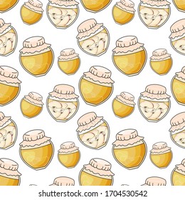 Vector hand drawn seamless pattern with apple fruit jam jars. Delicious homemade dessert. Graphic texture for package, label, wrapping paper, card, gift, fabric, print, banner, wallpaper, advertising.